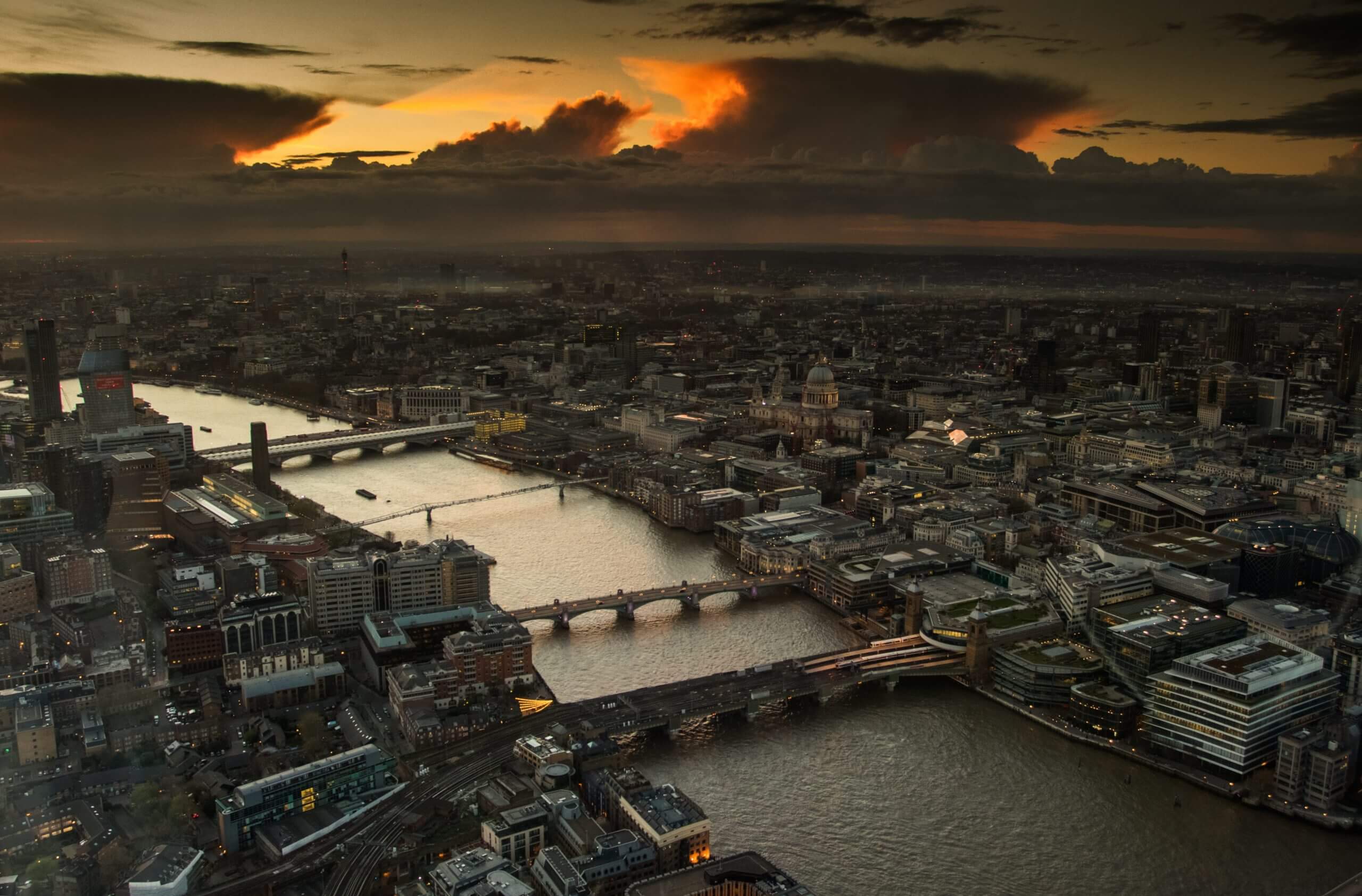 A sunset over a city in the United Kingdom